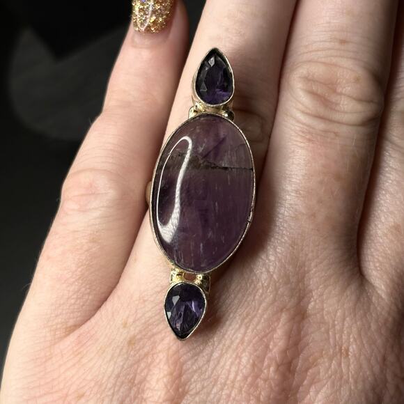 Sterling Silver Amethyst Ring Genuine Amethyst Statement Ring Size 7 - Picture 2 of 6